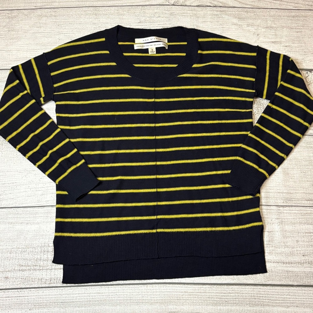 MAX STUDIO Women's Navy and Yellow Striped Merino Wool‎ Sweater Women's Size S